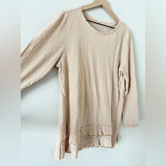 Soft Surroundings Pima Cotton Long Sleeve Top in Tan and White Stripe - Size XL - Picture 2 of 5